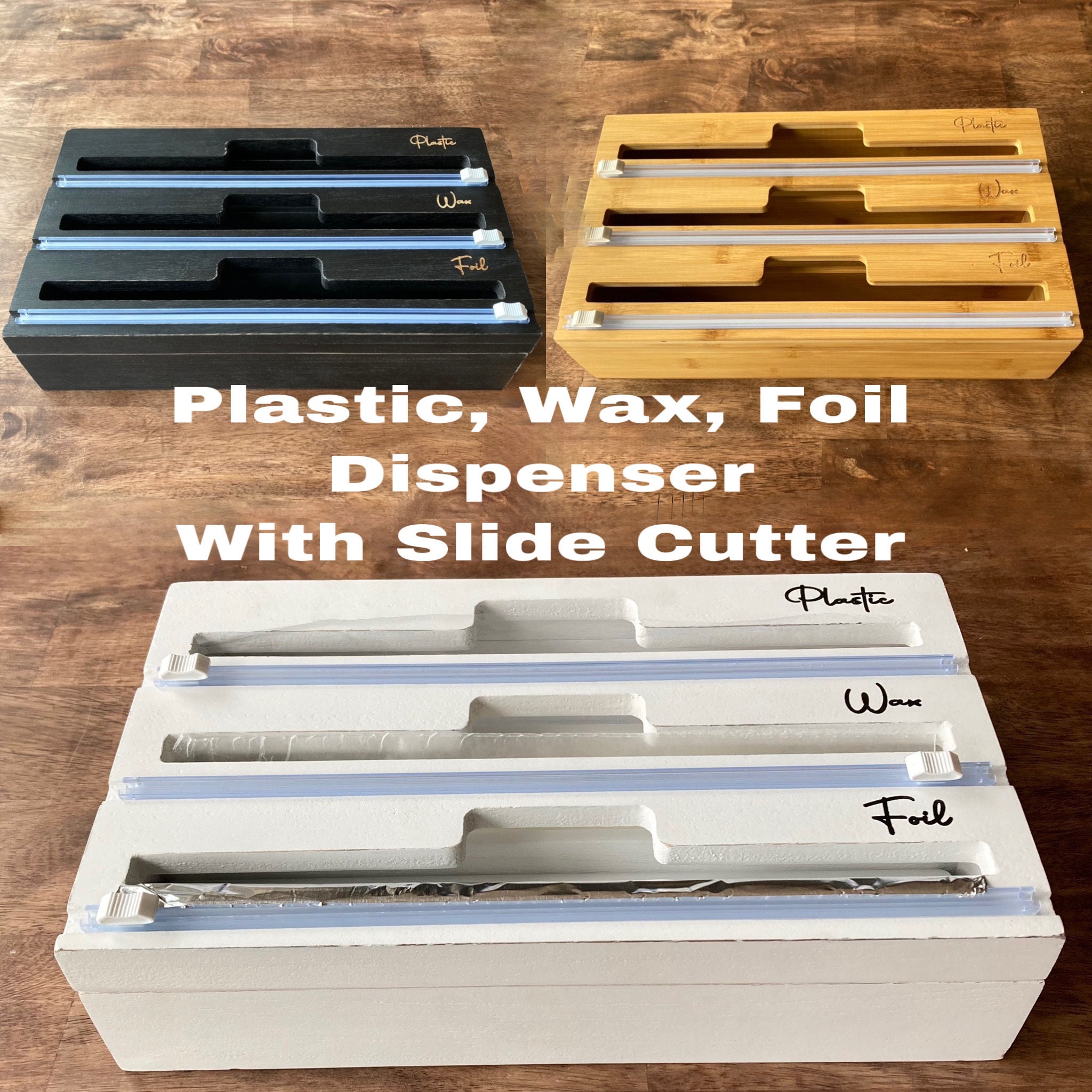 Engraved 3 in 1 Wax, Foil and Plastic Wrap Organizer, Plastic Wrap  Dispenser With Slide Cutter, Foil Organizer for Drawer Holds 12 Rolls 