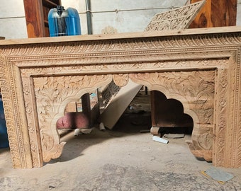 Natural Wood Console Table, Wooden Entryway Console, Indian Console with Intricate Floral Carvings, Farmhouse Furniture, Living Room Console