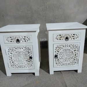 Boho Bed Side Table, Indian Furniture Bedside Table, Vintage Inspired Furniture, Wooden Night Stand, Rustic White Storage Side Table