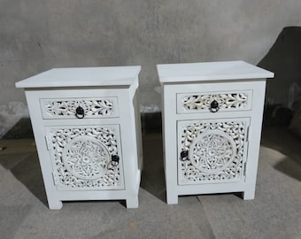 Boho Bed Side Table, Indian Furniture Bedside Table, Vintage Inspired Furniture, Wooden Night Stand, Rustic White Storage Side Table