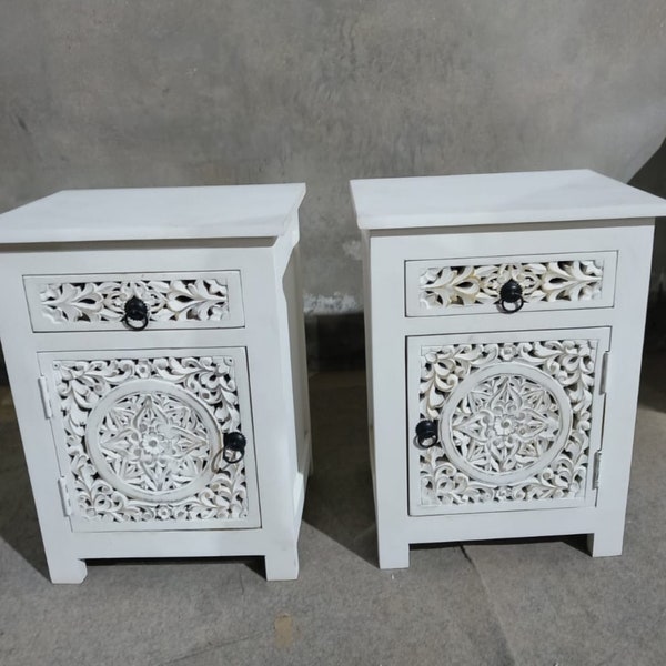 Boho Bed Side Table, Indian Furniture Bedside Table, Vintage Inspired Furniture, Wooden Night Stand, Rustic White Storage Side Table