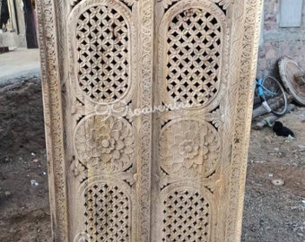 Wooden Wall Panel in Distressed Natural Wood Finish, Carved Wooden Wall Hanging, Indian Vintage Style Wall Decor, Full Size Wall Panel