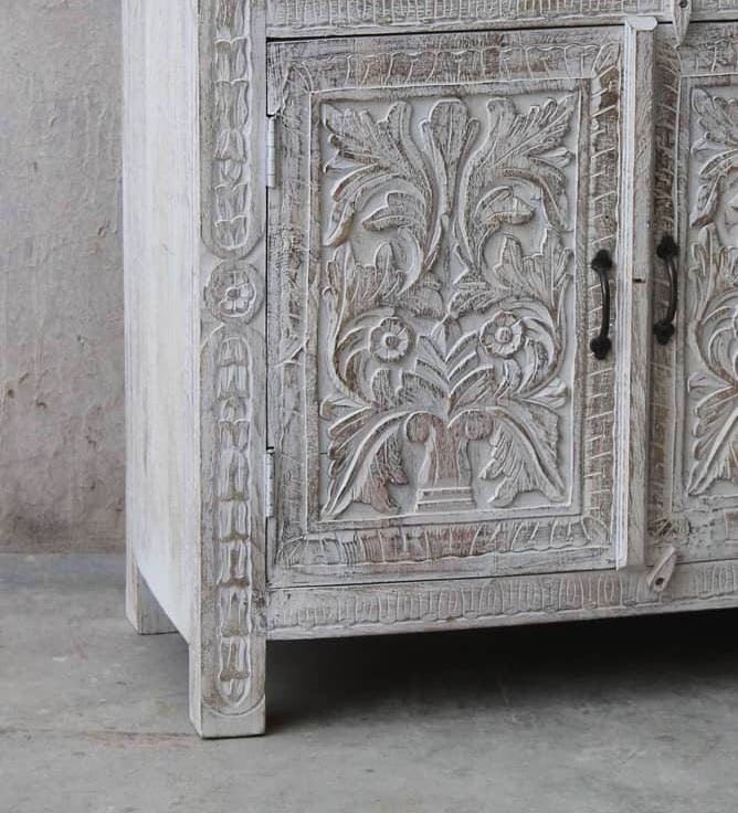 Rustic White Washed Indian Cabinet, Vintage Style Carved