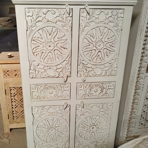 Wooden Armoire, Antique Style Armoire for Boho Home, Vintage Inspired Carved Storage Armoire in Rustic White Colour, Farmhouse Furniture