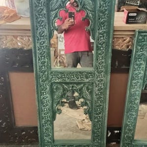 Art deco Mirror, Vintage Inspired Mirror, Indian Carved Wooden Wall Mirror, Distressed Green Mirror for Living Room Wall, Barn Mirror