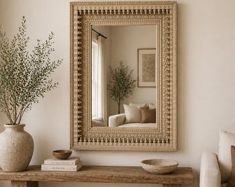 Boho Wall Mirror, Rustic Wooden Mirror, Natural Wood Mirror, Indian Furniture, Mirror Frame for Living Room, Farmhouse Mirror Wall Decor