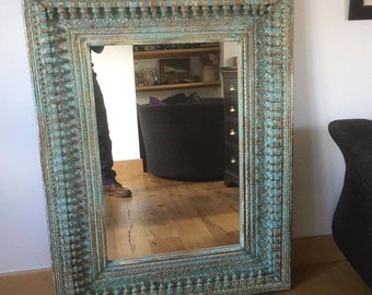 Rustic Blue Mango Wood Wall Mirror: Boho Spindle Frame