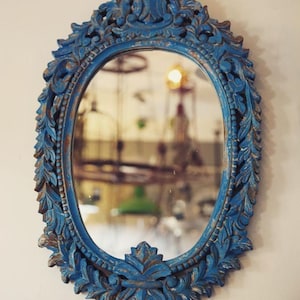 Vintage Inspired Mirror, Carved Rustic Blue Green Indian Mirror, Boho Wooden Mirror for Entryway, Solid Wood Mirror for Living Room Decor