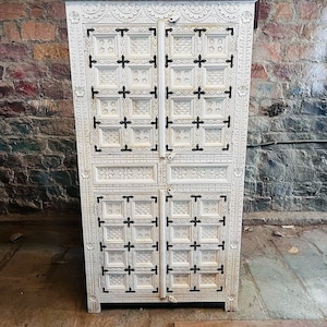 Wooden Armoire, Antique Style Armoire for Boho Home, Vintage Inspired Carved Storage Armoire in rustic white Colour