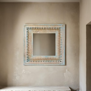 Boho Wandspiegel, Spindel Spiegel, indischer Spiegel, Vintage Style Spiegel, Holzwandrahmen, beunruhigter blauer Spiegel, rustikaler Scheunenspiegel