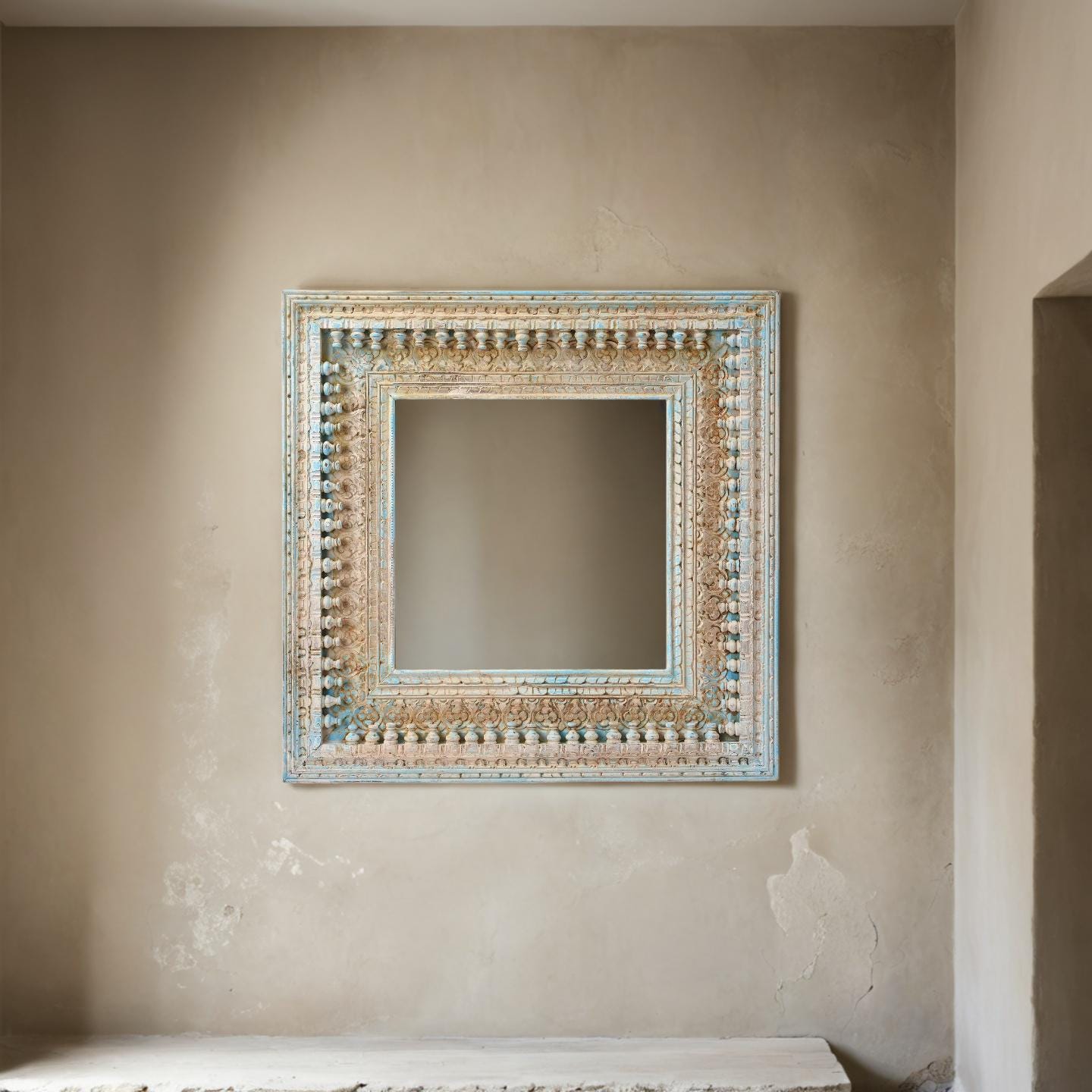 Boho wall mirror, Spindle Mirror, Indian mirror, Vintage Style mirror, Wooden Wall Frame, Distressed Blue mirror, Rustic Barn Mirror
