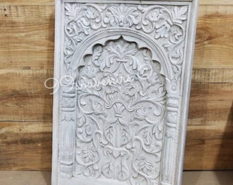Rustic White Wall Panel, Floral Carved Wooden Wall Hanging, Indian Vintage Style Wall Decor, Decorative Jharokha Panel for Living Room Walls