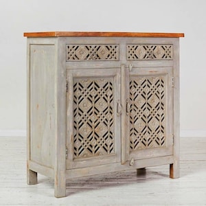 Vintage Style geschnitzten Schrank, indischen Möbelschrank, Jaali Carving Konsole, Eingangsbereich Kommode, rustikaler grauer Schrank