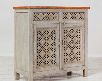 Vintage Style Carved Cabinet, Indian Furniture Cabinet, Jaali Carving Console, Entryway Dresser Cabinet, Rustic Grey Cabinet
