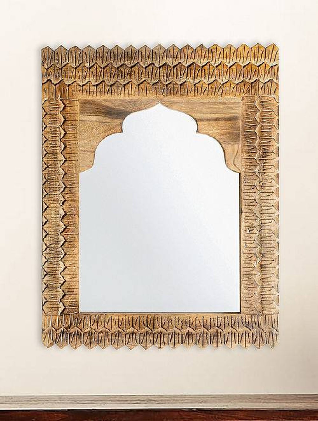 Indian Rustic Mirror, Carved Wooden Wall Mirror, Distressed Brown
