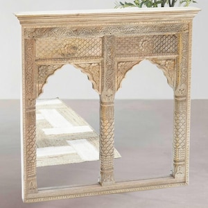 Espejo de inspiración antigua, espejo de pared de madera tallada, espejo de estilo indio, espejo de estilo vintage con acabado rústico, espejo de pared decorativo de estilo rústico.