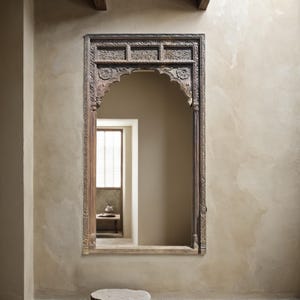 Antique Inspired Mirror, Indian Mirror, Carved Wooden Wall Mirror, Natural Wood Finish Mirror for Table, Farmhouse Mirror, Entryway Mirror