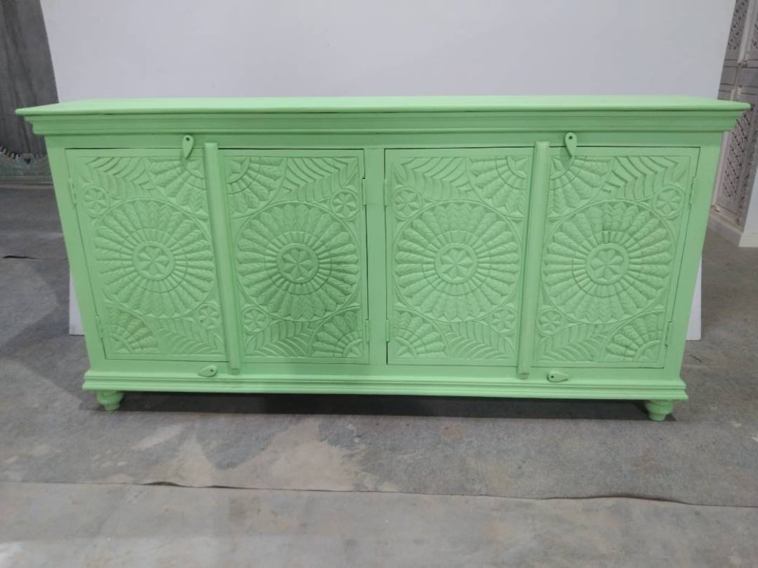 Indian Rustic Carved Wooden Dresser, Boho Living Room