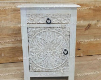 Rustic White Side Table, Indian Bedside Table, Wooden Night Stand, Vintage Style Indian Furniture, Bohemian Side Table