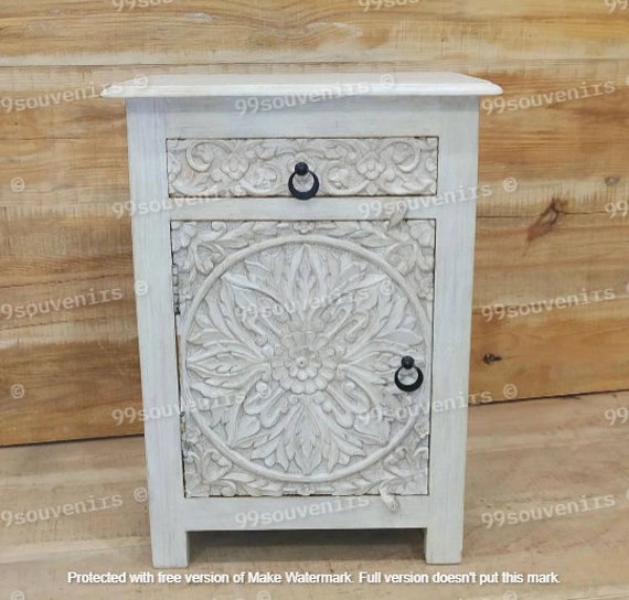 Rustic White Side Table Indian Bedside Table Wooden Night Stand