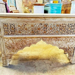 Vintage Inspired Console Table, Wooden Rustic Console, Carved Indian Console, Intricate Entryway Decor, Antique White Finish Console