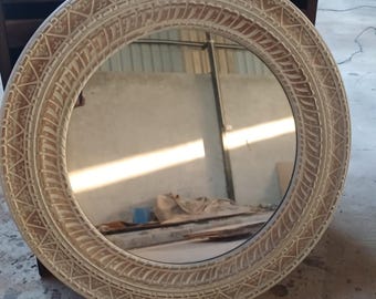 Specchio rustico indiano, specchio in legno intagliato, mobili da fienile con finitura in legno naturale anticato, specchio da parete rotondo per soggiorno, specchio da toeletta