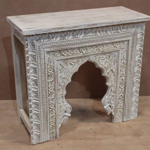 Bohemian Indian Console Table, Carved Wooden Console Table in Distressed White Colour, Vintage Inspired Indian Furniture for Home