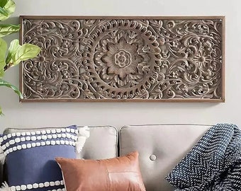 Antique Inspired Wall Panel with Intricate Floral Carvings, Carved Wooden Wall Hanging, Indian Vintage Style Rustic Wall Decor