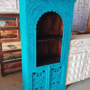 Vintage Style Book Shelf, Carved Wooden Cabinet, Rustic Blue Book Shelf, Distressed Finished Boho Indian Cabinet for Living Room Storage