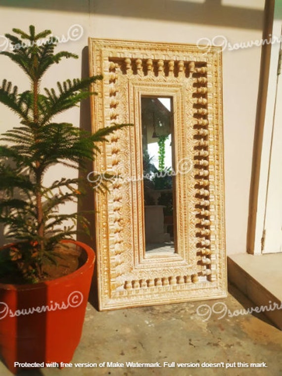 Boho Mango Wood Wall Mirror: Carved Indian Spindle Frame