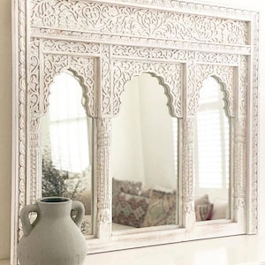 Indian Jharokha Mirror, Triple Arch Carved Wooden Mirror, Rustic White Mirror, Intricately Carved Indian Wall Mirror