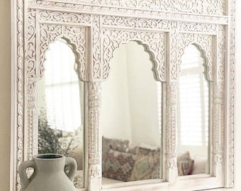 Indian Jharokha Mirror, Triple Arch Carved Wooden Mirror, Rustic White Mirror, Intricately Carved Indian Wall Mirror