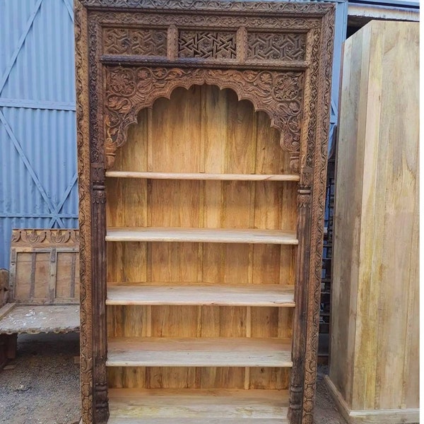 Vintage Style Book Shelf, Carved Wooden Cabinet, Rustic Brown Book Shelf, Distressed Finished Boho Indian Cabinet for Living Room Storage