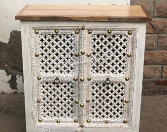 Vintage Style Carved Cabinet, Indian Furniture Cabinet, Jaali Carving Console, Entryway Dresser Cabinet, Rustic White Cabinet