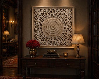 Panel de pared Mandala, adorno de pared de madera, panel decorativo de pared tallado, arte de pared estilo mogol, decoración de pared de inspiración vintage, decoración de estilo rústico.