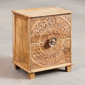 Carved Side Table, Indian Boho Bedside Table, Vintage Style Wooden Night Stand, Indian Furniture, Natural Wood Table, Storage Side Table