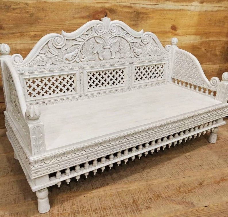 Vintage Style Indian Day Bed, Carved Wooden Love Seat, Intricate