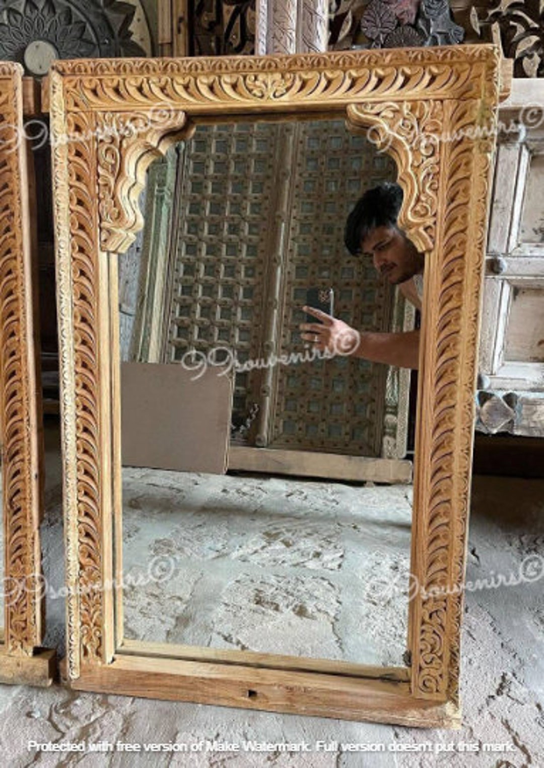 【希少！！】 Style Vintage India Mirror Wall Wooden Carved Mirror, 彫刻+オブジェ
