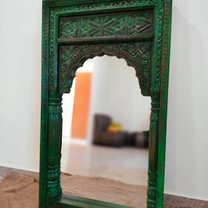 Vintage style Indian Mirror, Distressed Green Finish Solid Wooden Mirror, Carved Antique Inspired Indian Mirror, Bohemian Wall Mirror