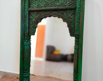 Vintage style Indian Mirror, Distressed Green Finish Solid Wooden Mirror, Carved Antique Inspired Indian Mirror, Bohemian Wall Mirror