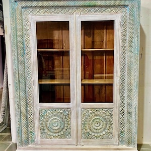 Intricate Wooden Armoire, Antique Style Armoire for Living Room, Vintage Inspired Carved Storage Armoire in Rustic Finish, boho wardrobe