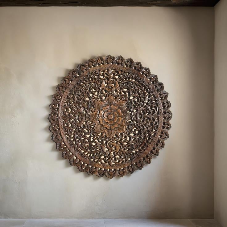 Round Wooden Wall Panel, Floral Carved Wall Decor, Indian Wall Art, Entryway Wall Panel, Mandala Wall Hanging, Rustic Brown Wall Decor Panel