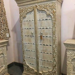 Wooden Armoire, Antique Style Armoire for Boho Home, Vintage Inspired Carved Storage Armoire in Rustic Brown Colour, Indian Wooden Wardrobe