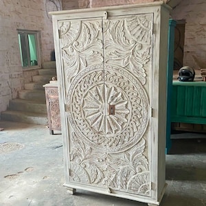 Wooden Armoire, Antique Style Armoire for Boho Home, Vintage Inspired Carved Storage Armoire in Rustic White Colour, Farmhouse Wardrobe