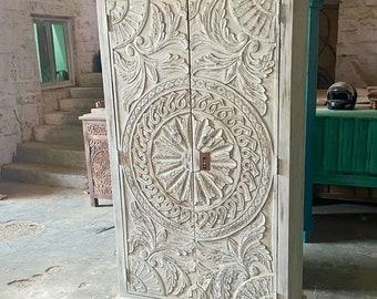 Wooden Armoire, Antique Style Armoire for Boho Home, Vintage Inspired Carved Storage Armoire in Rustic White Colour