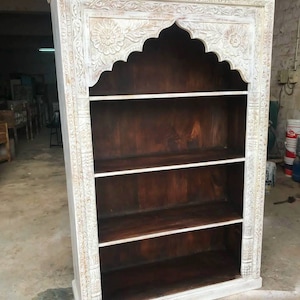 Vintage Style Book Shelf, Carved Wooden Cabinet, Rustic White Book Shelf, Distressed Finished Boho Indian Cabinet for Living Room Storage