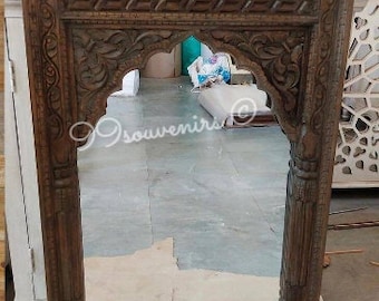 Boho Rustic Brown Mirror, Carved Wooden Wall Mirror, Indian Furniture Mirror, Statement Mirror, Vintage Style Wall Decor Mirror