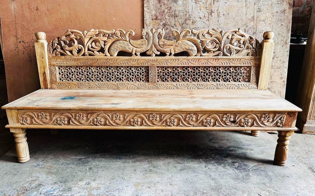 Vintage Style Indian Day Bed, Carved Wooden Love Seat, Intricate