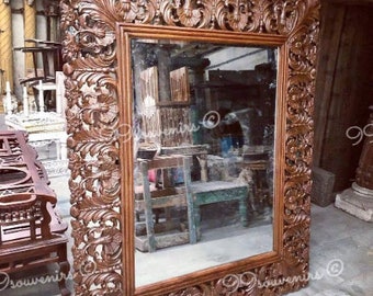 Vintage Style Indian Mirror, Carved Wooden Wall Decor Frame, Antique Inspired Mirror for Home, Rustic Brown Full Size Mirror, Large Mirror