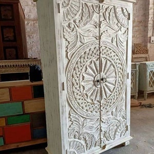 Wooden Armoire, Antique Style Armoire for Boho Home, Vintage Inspired Carved Storage Armoire in Rustic White Colour